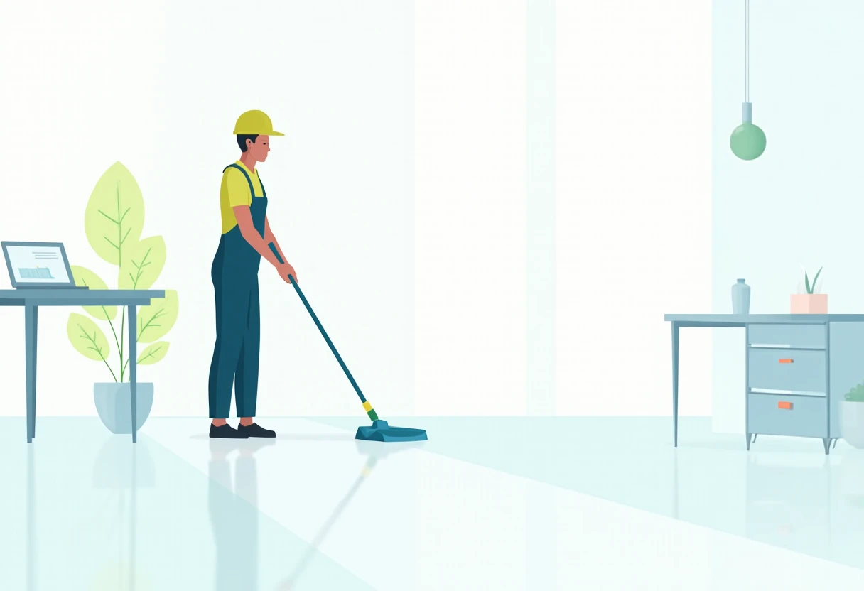 Schoonmaker reinigt vloeren in modern kantoor