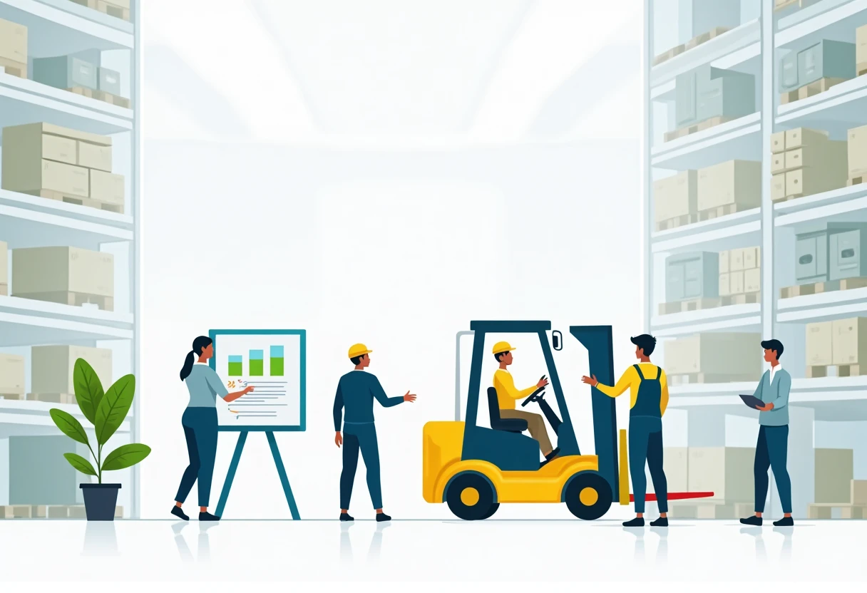 Warehouse worker operating forklift